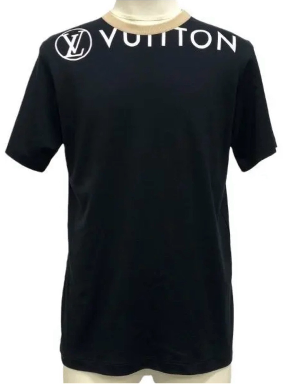 Louis Vuitton Black Tee with White Logo and Cream Neckline